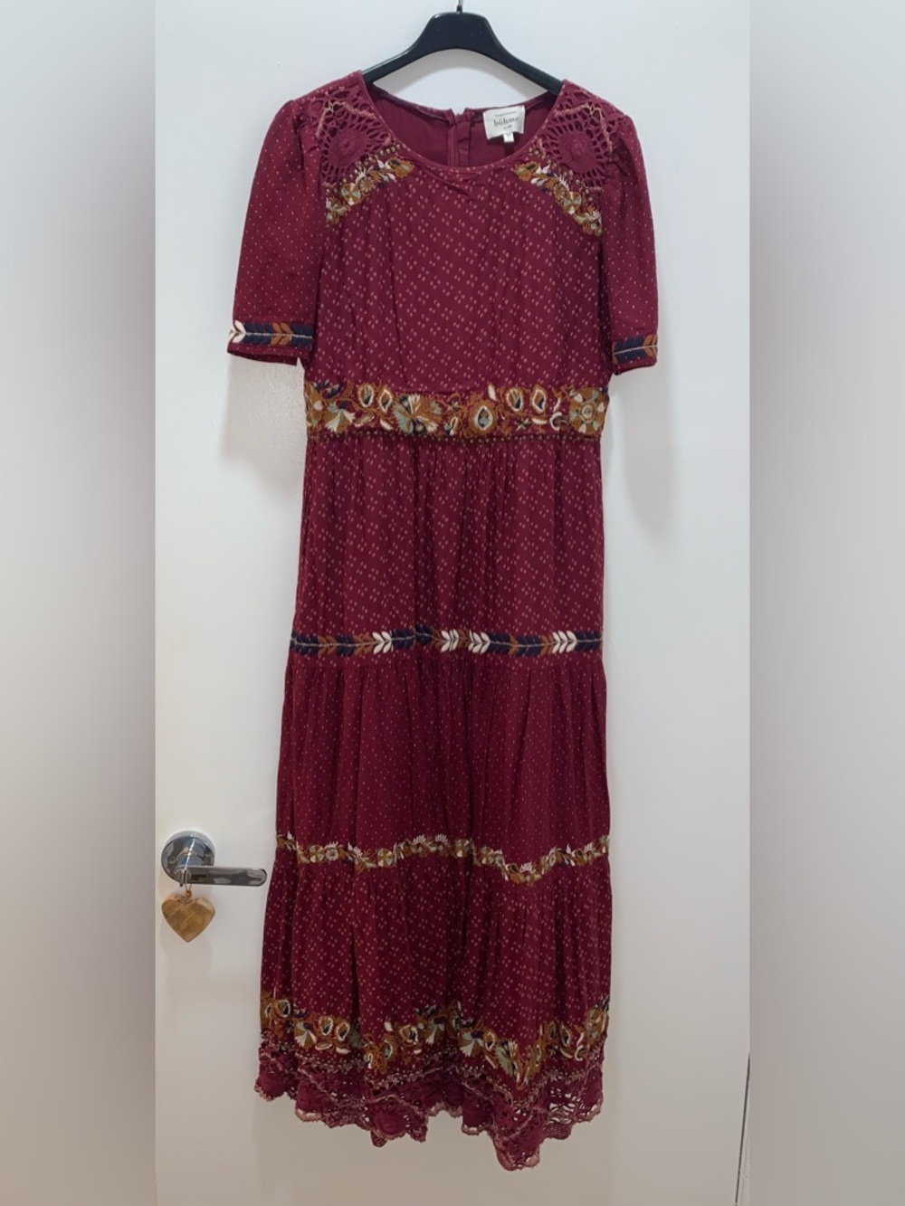 Bohme Embroidered Tiered Maxi Dress in Burgundy 100% Cotton